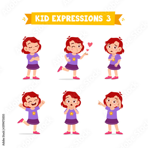cute little kid girl in various expressions and gesture set