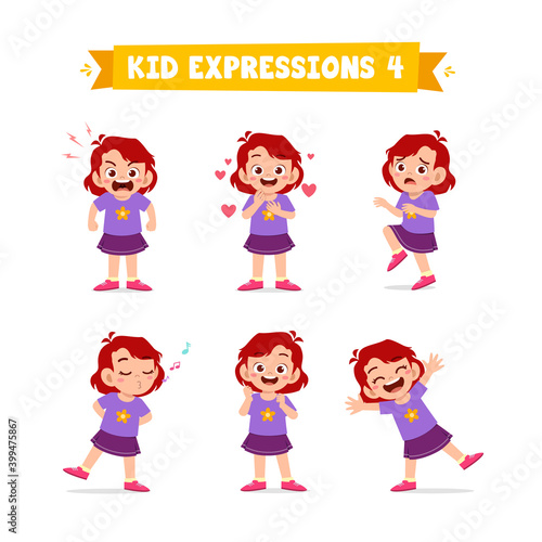 cute little kid girl in various expressions and gesture set