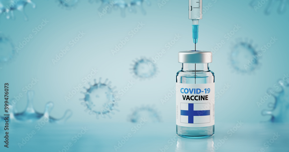 COVID-19 Coronavirus Vaccine and Syringe with flag of Finland COVID-19 Coronavirus Vaccine and Syringe with flag of Finland