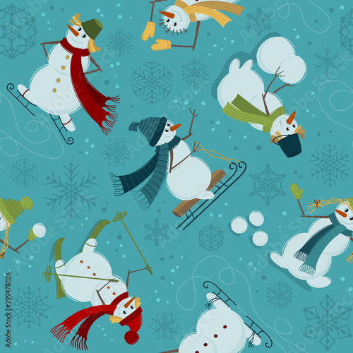 Seamless pattern with Snowmen. Funny Snowmen play winter games: skiing, ice skating, sculpting a snowman