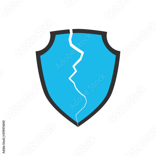 Broken security shield with crack. Stock vector illustration isolated on white background.