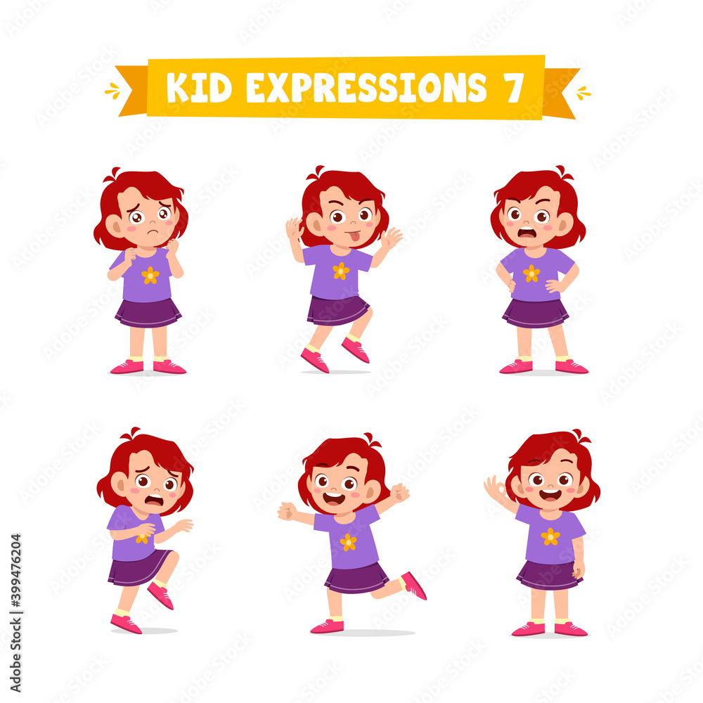 cute little kid girl in various expressions and gesture set cute little kid girl in various expressions and gesture set