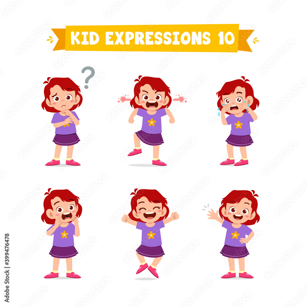 cute little kid girl in various expressions and gesture set cute little kid girl in various expressions and gesture set