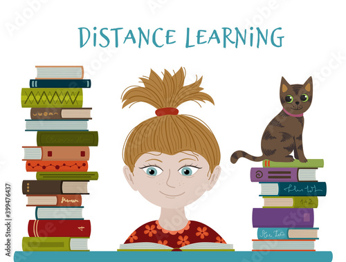 The girl is studying at home. A schoolgirl is reading books at a distance learning center. Vector illustration concept coronavirus COVID-19. Stay at home