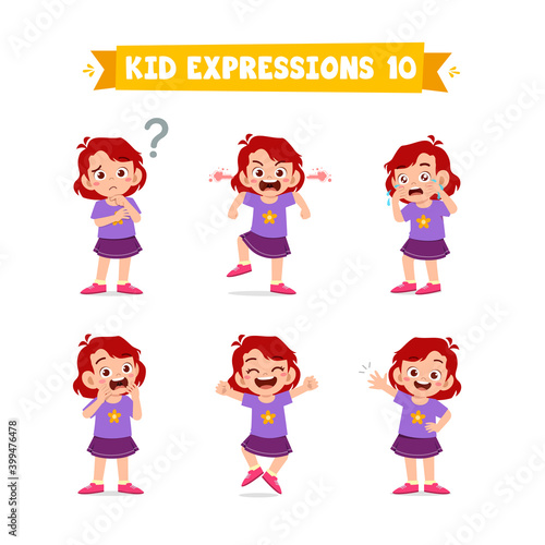 cute little kid girl in various expressions and gesture set