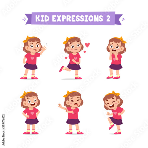 cute little kid girl in various expressions and gesture set