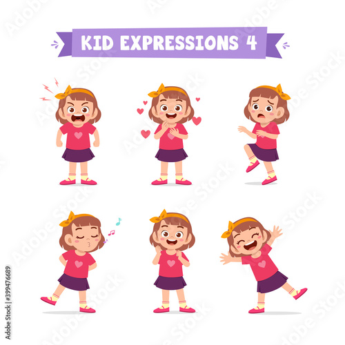 cute little kid girl in various expressions and gesture set