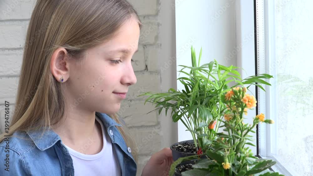 Child Gardening the Flowers on Window, Kid Gardener Admiring Plants at Home, Teenager Girl Loves Nature Child Gardening the Flowers on Window, Kid Gardener Admiring Plants at Home, Teenager Girl Loves Nature