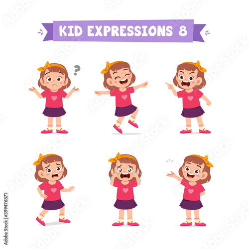 cute little kid girl in various expressions and gesture set