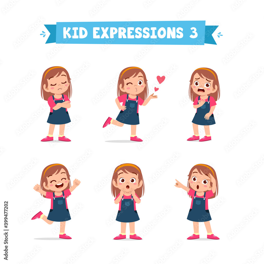 cute little kid girl in various expressions and gesture set cute little kid girl in various expressions and gesture set