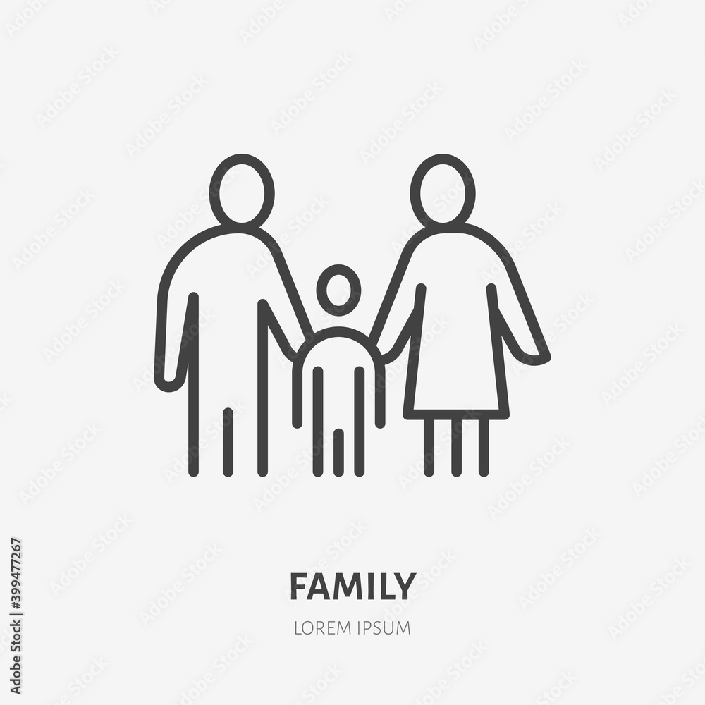 Family flat line icon. Vector outline illustration of man, woman and child. Black color thin linear sign for couple with kid Family flat line icon. Vector outline illustration of man, woman and child. Black color thin linear sign for couple with kid