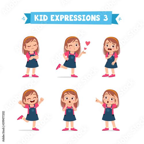 cute little kid girl in various expressions and gesture set