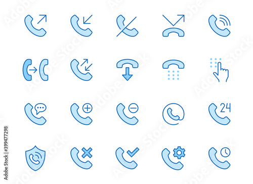 Phone call line icons set. Answer telephone, dial contact, customer service, sms minimal vector illustrations. Simple flat outline sign for web support app. Blue color, Editable Stroke