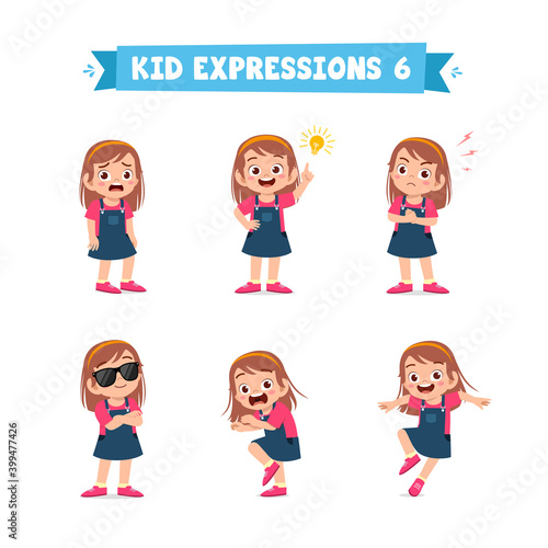 cute little kid girl in various expressions and gesture set