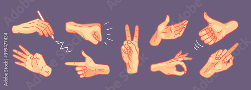 Hands in different gestures vector set. Hand showing gesturing signal collection. Various arm signs and gesture emotions isolated.