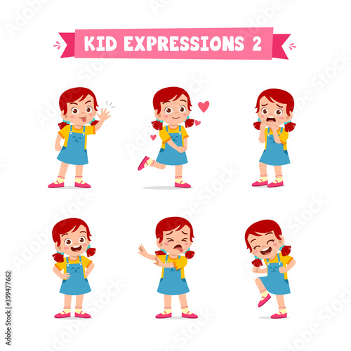 cute little kid girl in various expressions and gesture set