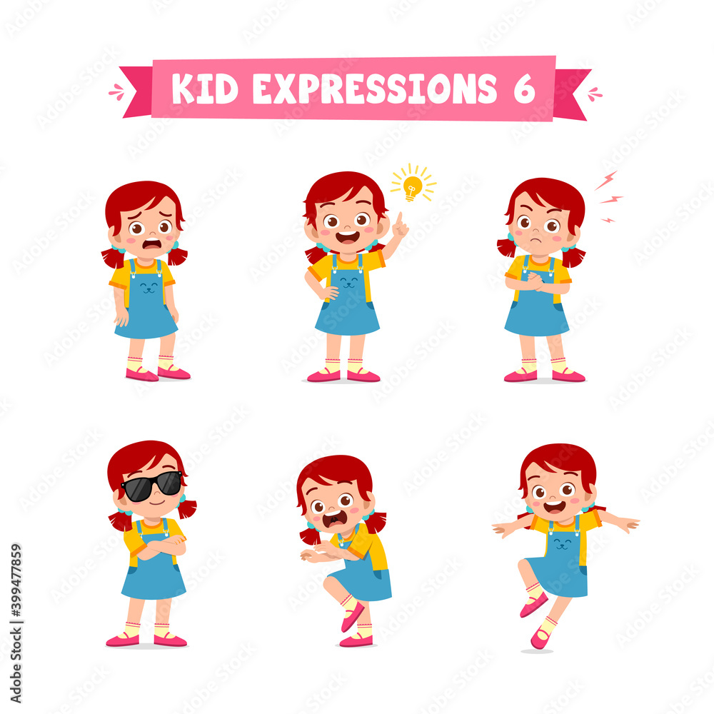 cute little kid girl in various expressions and gesture set cute little kid girl in various expressions and gesture set