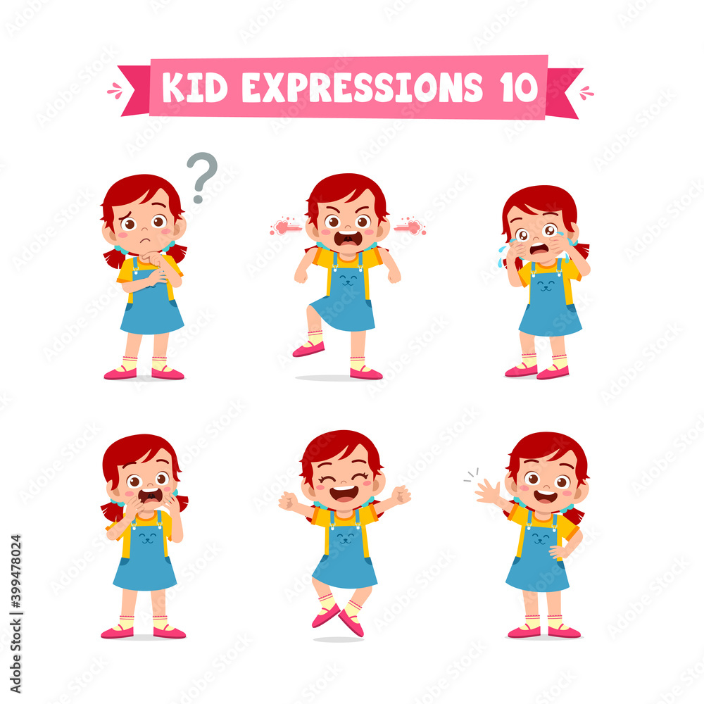 cute little kid girl in various expressions and gesture set cute little kid girl in various expressions and gesture set