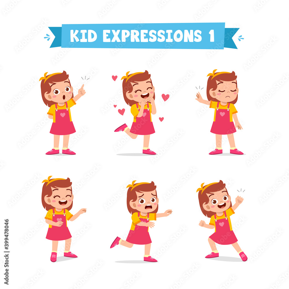 cute little kid girl in various expressions and gesture set cute little kid girl in various expressions and gesture set