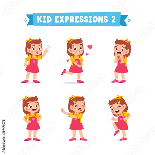 cute little kid girl in various expressions and gesture set