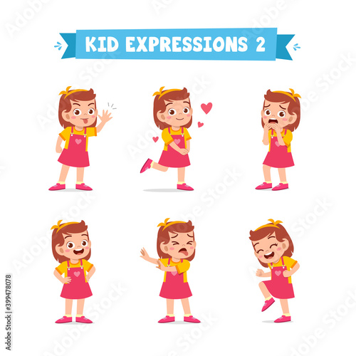 cute little kid girl in various expressions and gesture set