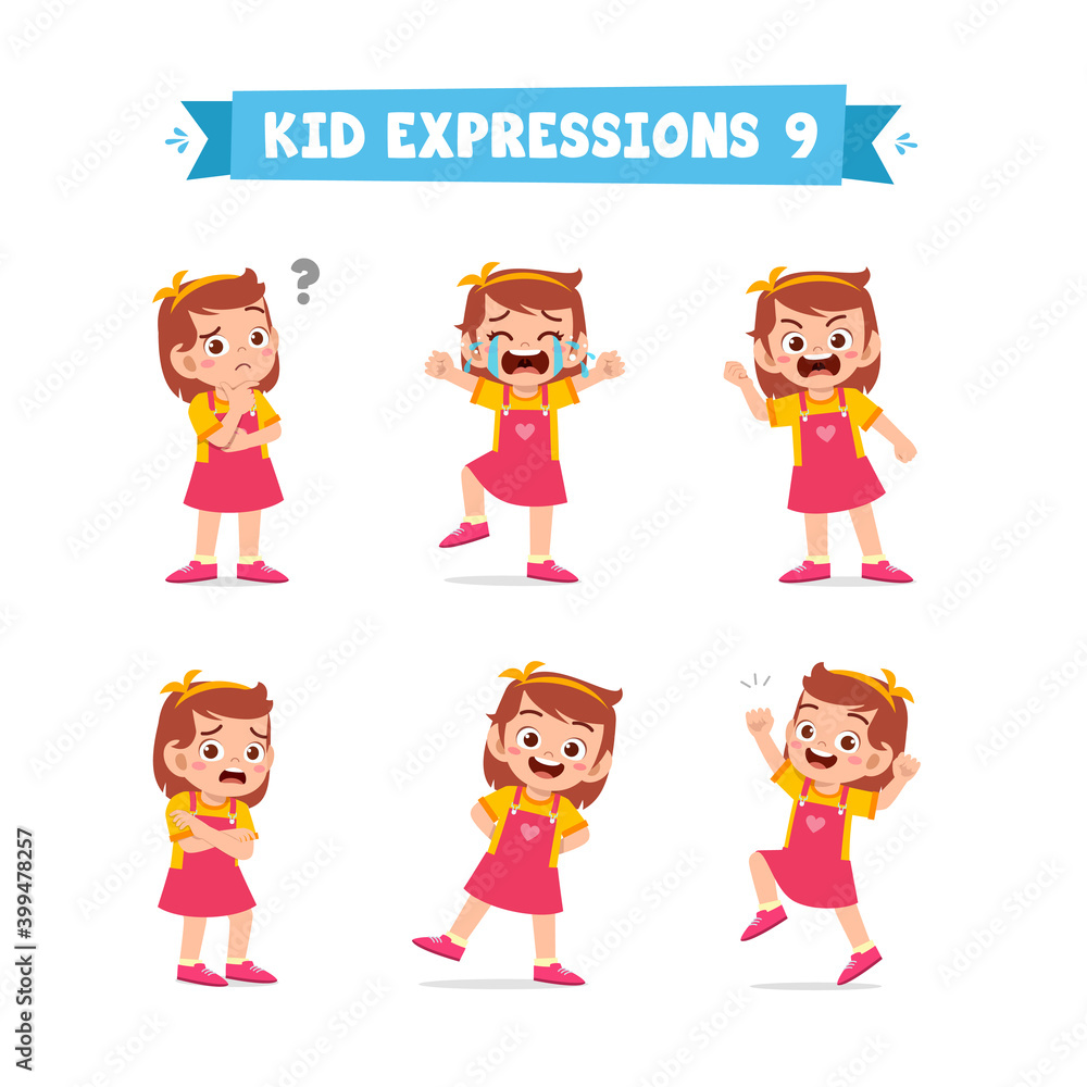 cute little kid girl in various expressions and gesture set cute little kid girl in various expressions and gesture set