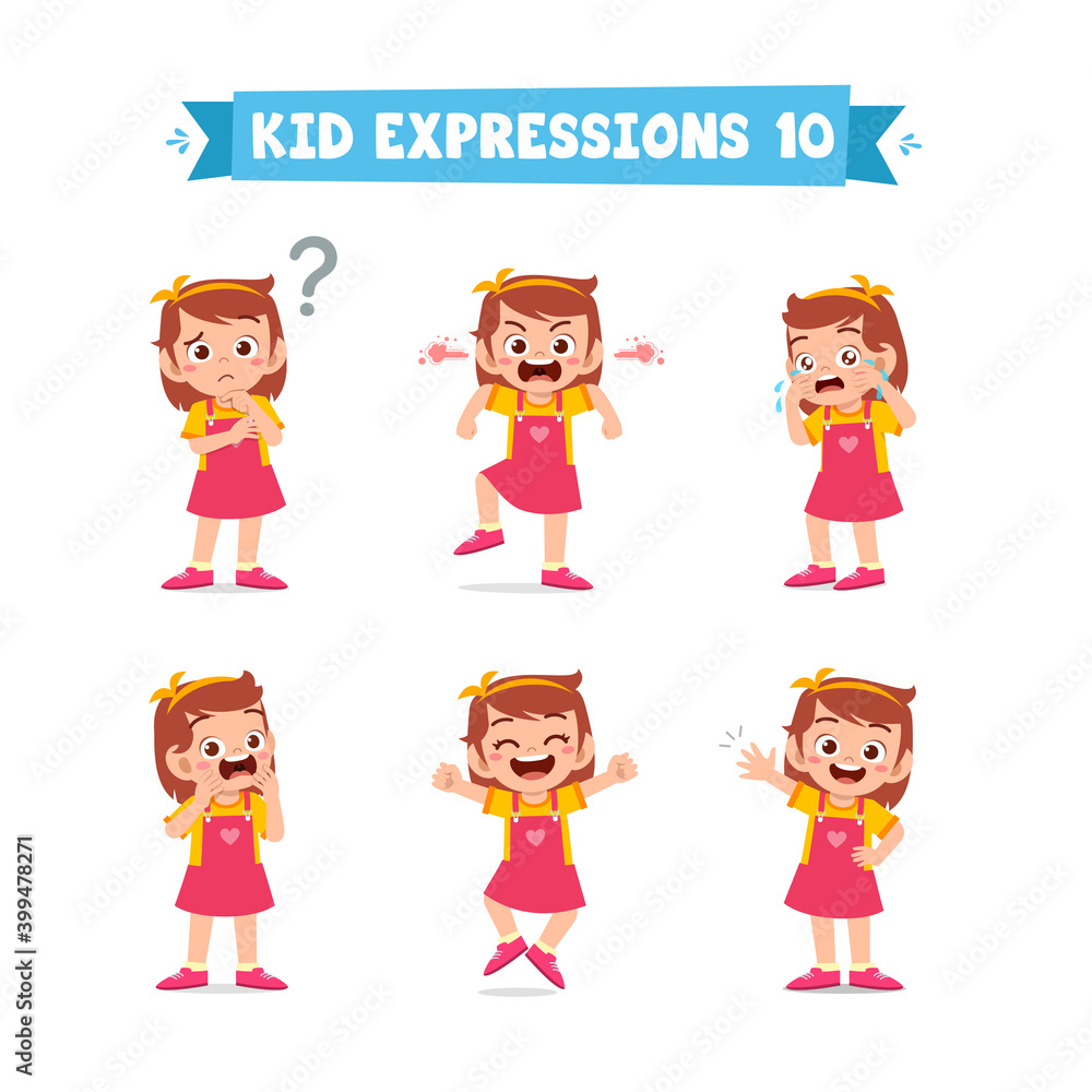 cute little kid girl in various expressions and gesture set cute little kid girl in various expressions and gesture set