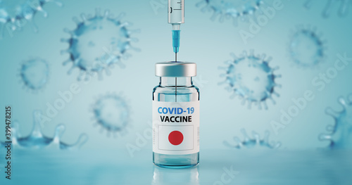 COVID-19 Coronavirus Vaccine and Syringe with flag of Japan