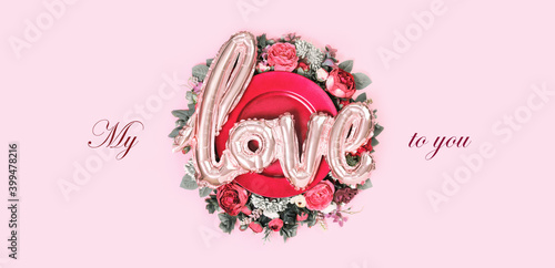 Wallpaper Mural Happy Valentines day card bouquet decorated tray with love balloon in the middle on soft pink background. My love to you text for greeting card or banner with copy space. Edgeless pink Torontodigital.ca