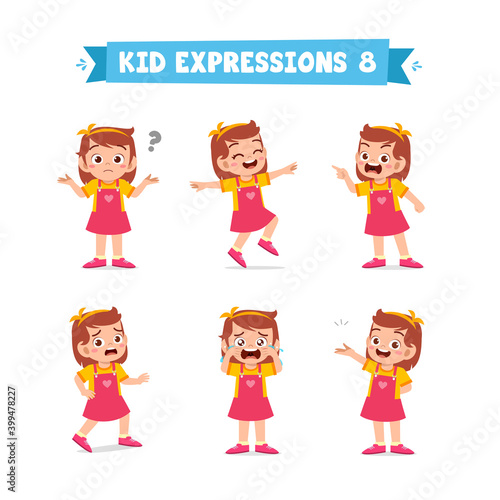 cute little kid girl in various expressions and gesture set