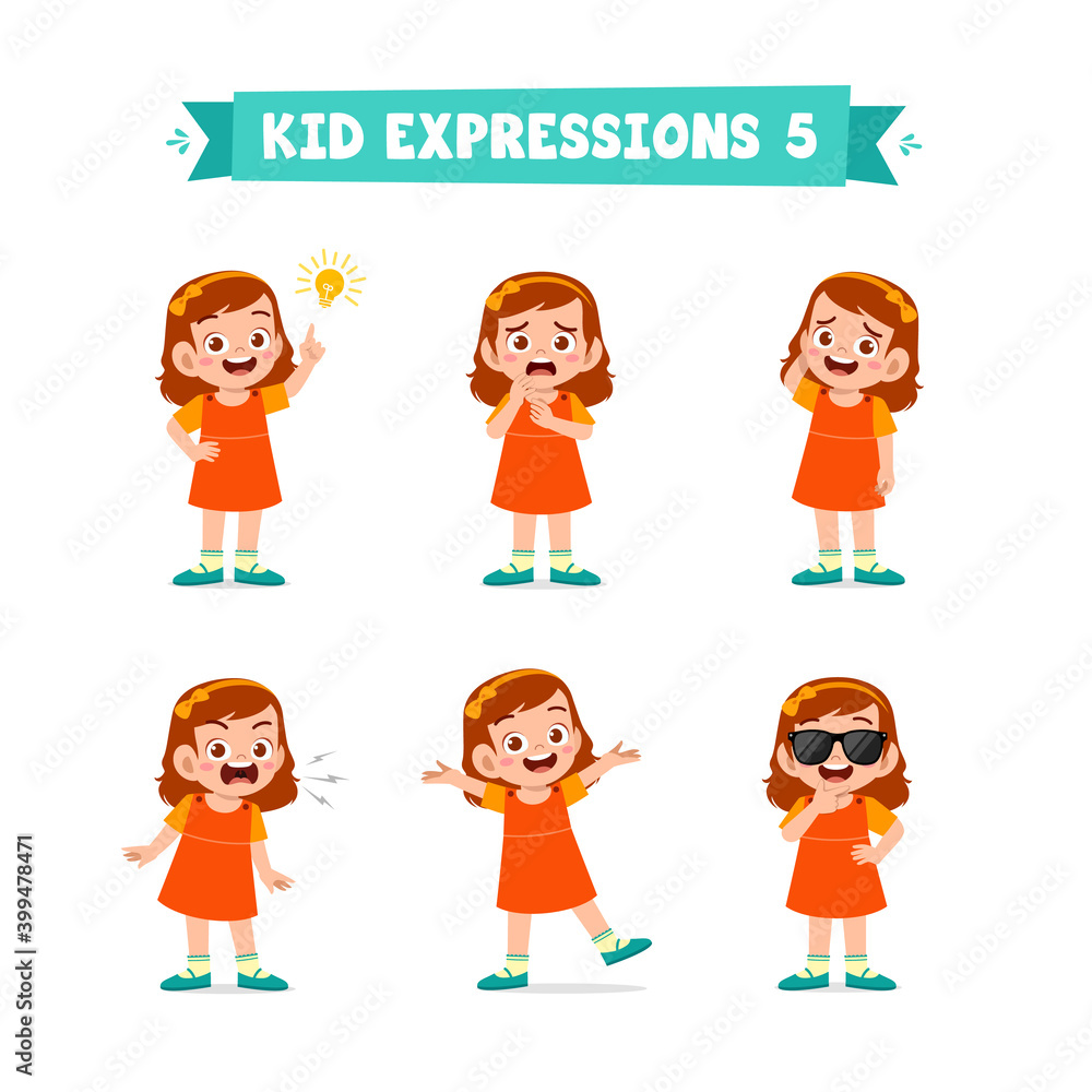 cute little kid girl in various expressions and gesture set cute little kid girl in various expressions and gesture set