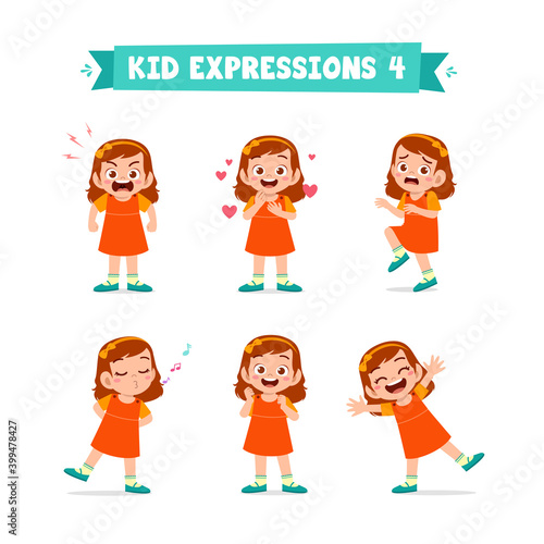 cute little kid girl in various expressions and gesture set