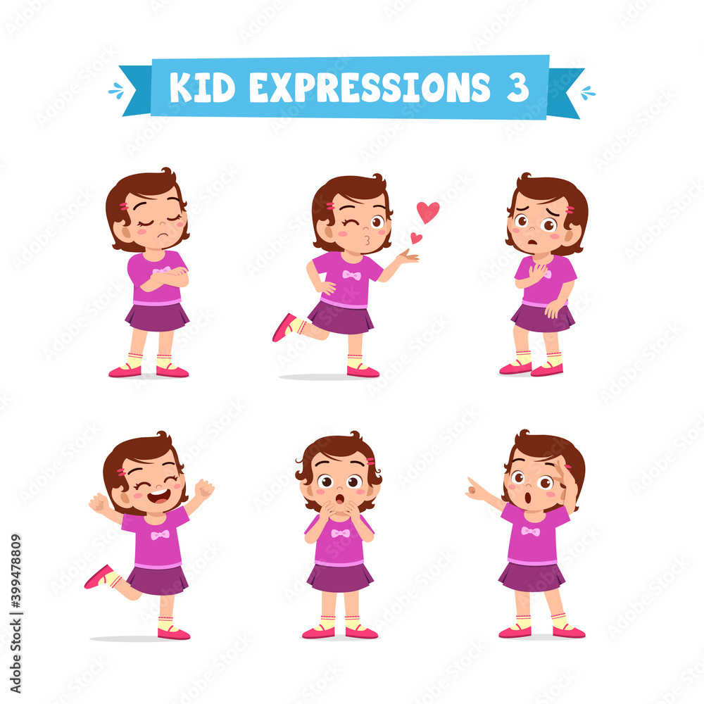 cute little kid girl in various expressions and gesture set cute little kid girl in various expressions and gesture set