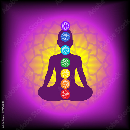 Shining chakras signs: muladhara, swadhisthana, manipura, anahata, vishuddha, ajna, sahasrara. Vector one line symbol. Silhouette of the man in a lotus pose. Sacral icon. Meditation