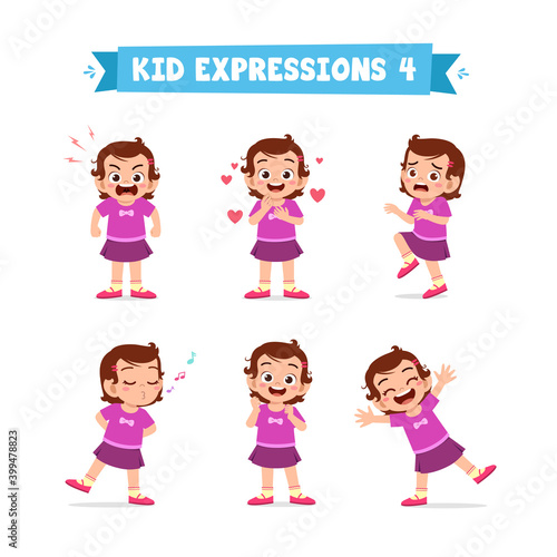 cute little kid girl in various expressions and gesture set