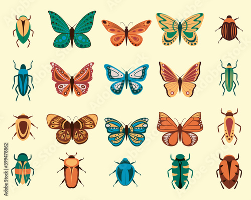Vector illustration of cartoon butterflies and bugs isolated on white background. Abstract butterflies, colorful flying insect.
