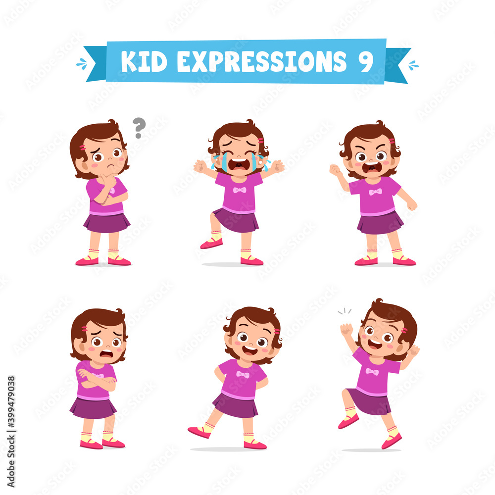 cute little kid girl in various expressions and gesture set cute little kid girl in various expressions and gesture set