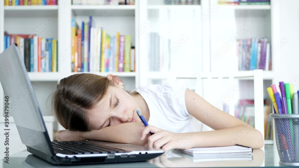 Bored Kid Studying School, Tired Child Sleeping at Office, Student Girl Slept while Learning, Online Education in Pandemic Crisis Bored Kid Studying School, Tired Child Sleeping at Office, Student Girl Slept while Learning, Online Education in Pandemic Crisis