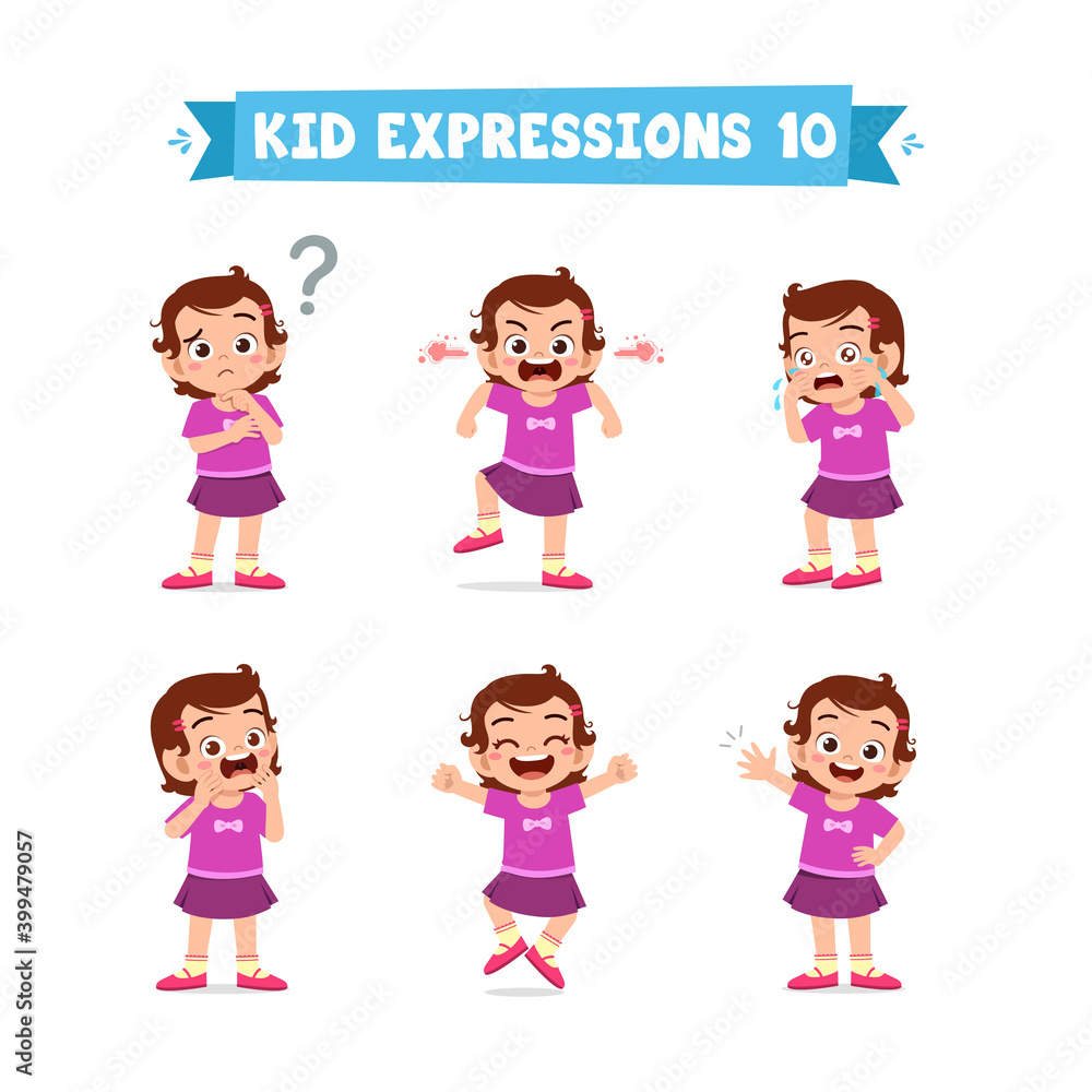 cute little kid girl in various expressions and gesture set