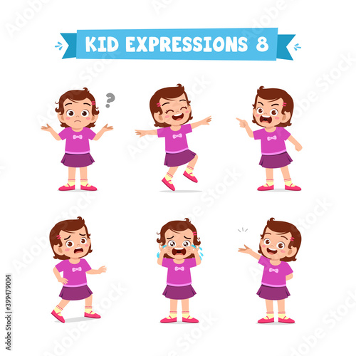 cute little kid girl in various expressions and gesture set
