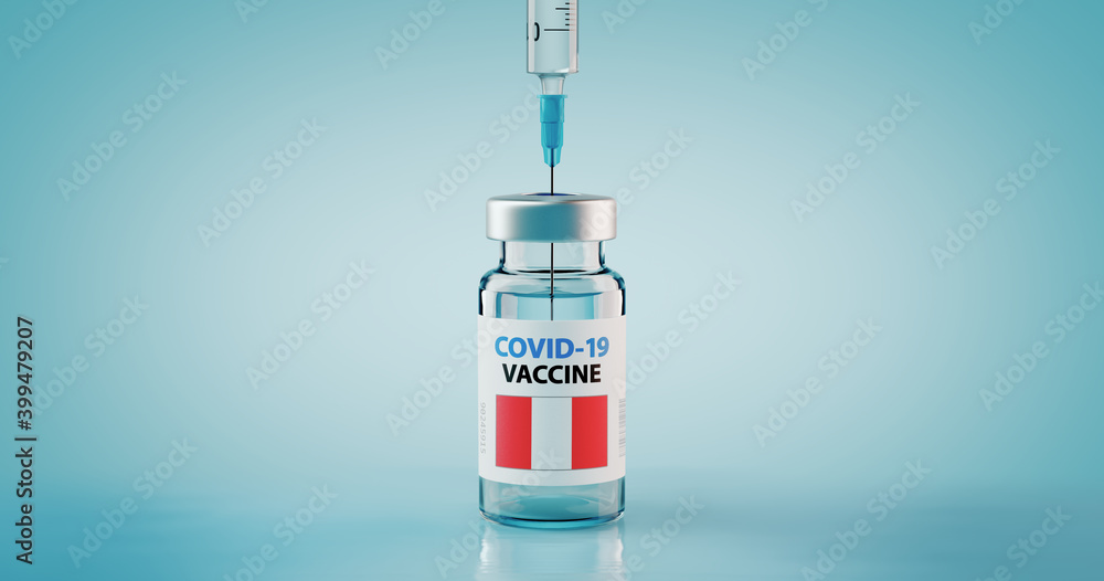 COVID-19 Coronavirus Vaccine and Syringe with flag of Peru COVID-19 Coronavirus Vaccine and Syringe with flag of Peru