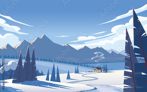 Atmospheric winter landscape in cool colors. Cozy country house in a field, surrounded by trees, against the background of mountains and sky with lush clouds. Vector illustration.