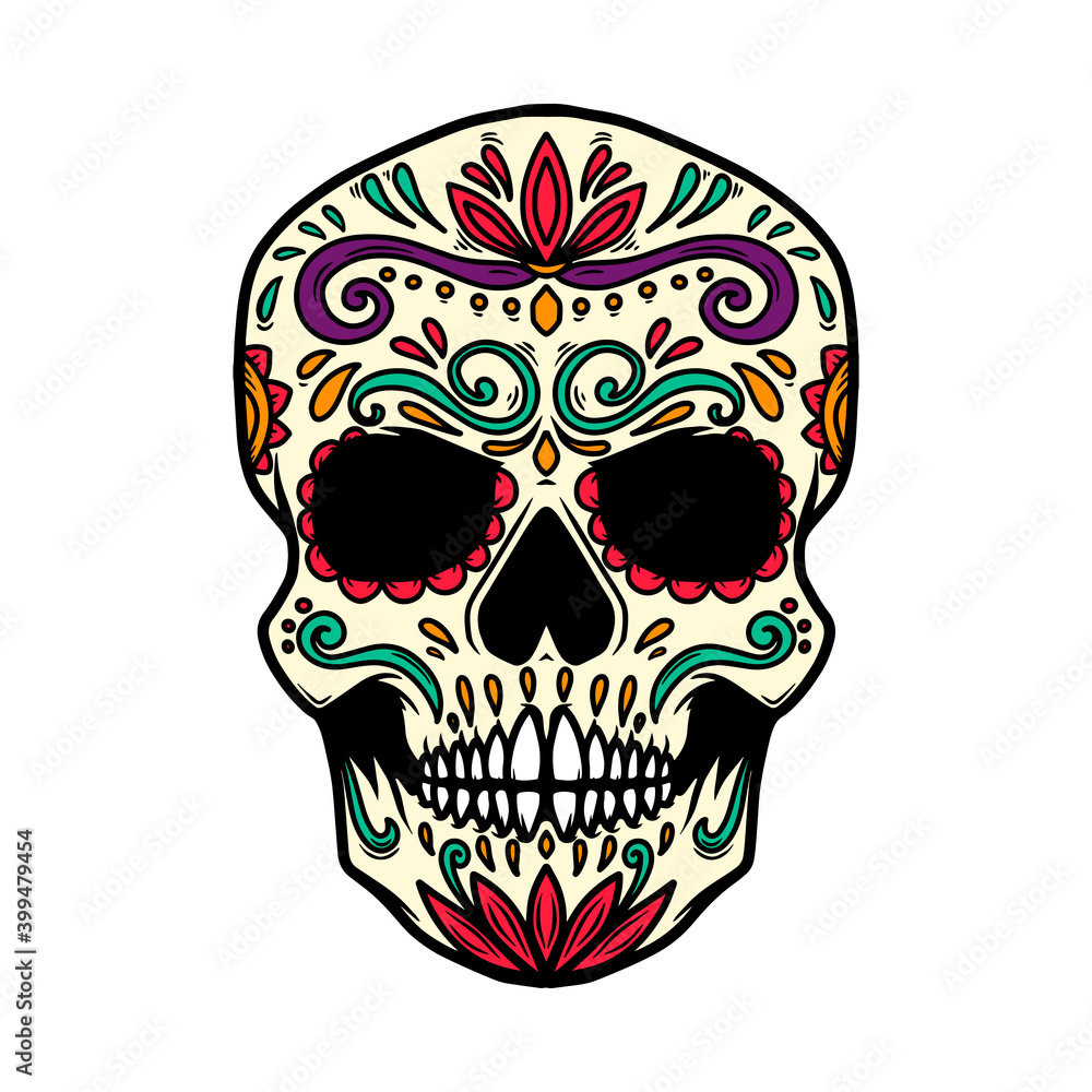 Illustration of mexican sugar skull. Design element for logo, label, sign, poster. Vector illustration