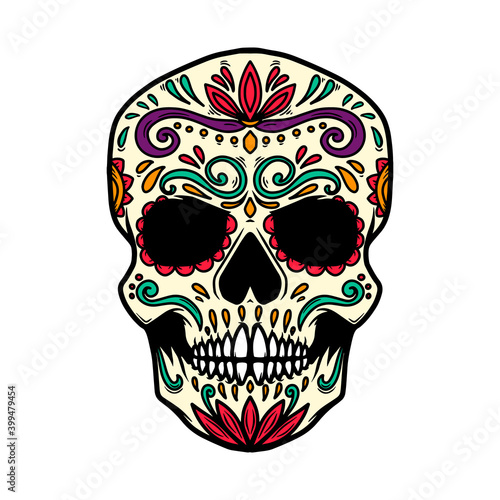 Illustration of mexican sugar skull. Design element for logo, label, sign, poster. Vector illustration