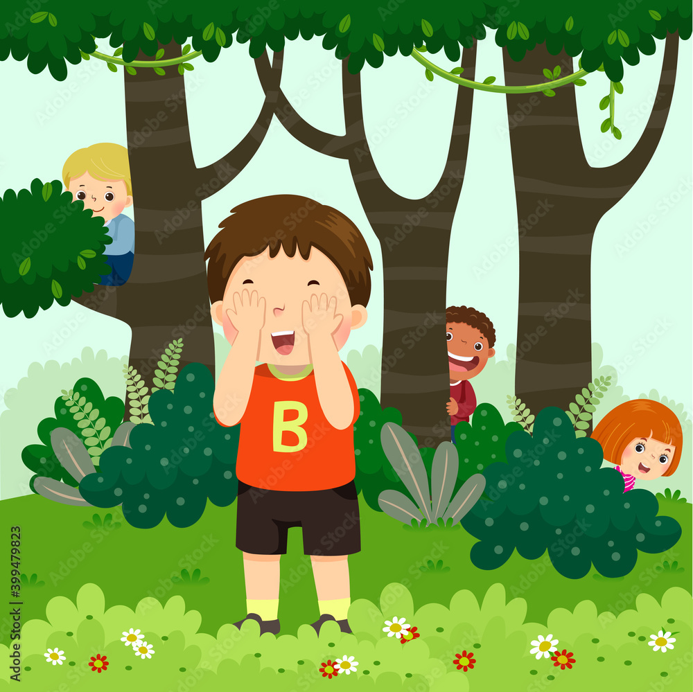 Vector illustration cartoon of children playing hide and seek in the park.  vector de Stock