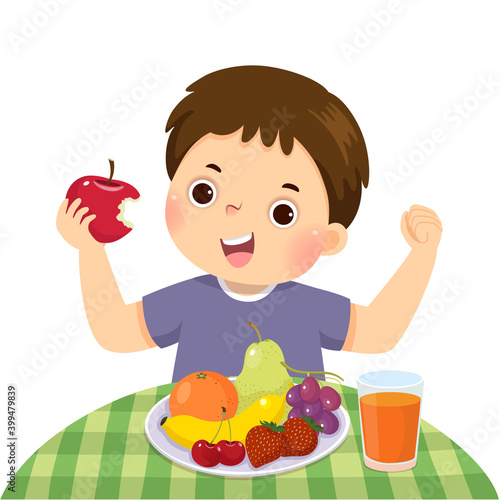Vector illustration cartoon of a little boy eating red apple and showing his strength.