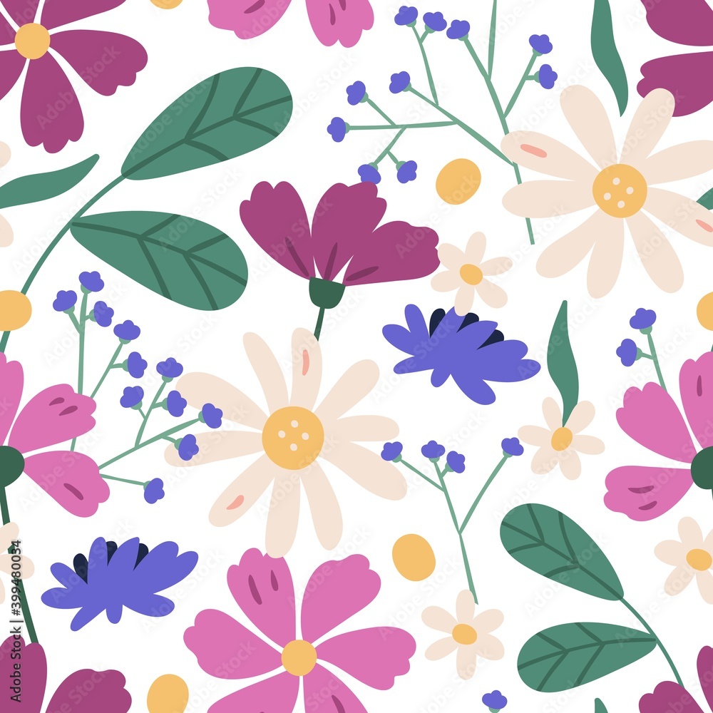 Colorful floral seamless pattern. Endless natural botanical background with blooming meadow daisy and cosmos flowers. Spring wildflowers and leaves. Vector illustration in flat cartoon style