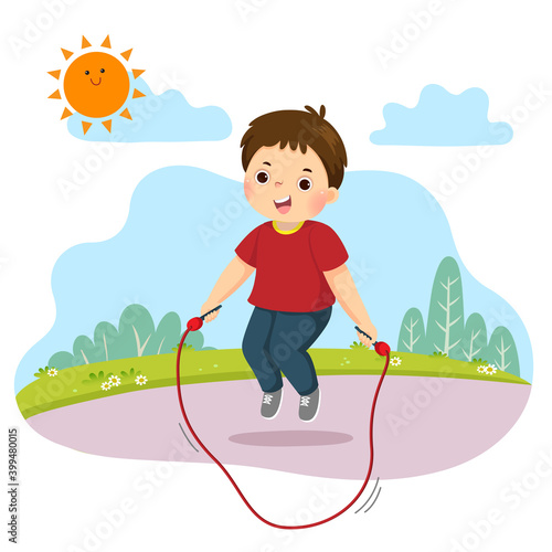 Vector illustration cartoon of little boy jumping rope in the park.