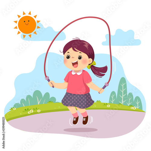 Vector illustration cartoon of little girl jumping rope in the park.