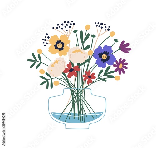 Floristic composition of beautiful garden and meadow flowers in glass vase. Elegant bouquet of wildflowers. Bunch of peonies, anemones, craspedia. Flat vector cartoon illustration isolated on white